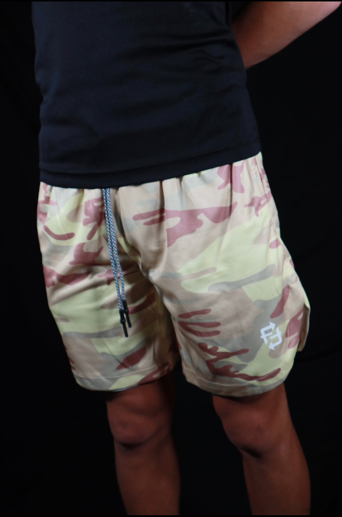 Beige on black camo FWF 2 in 1 compression shorts (classic)