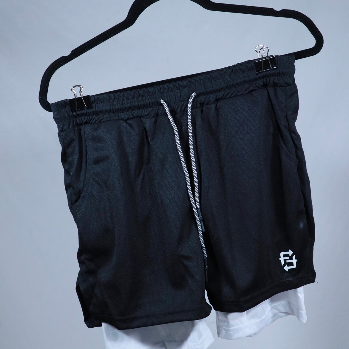 2 in 1 FWF classic compression gym shorts black on white