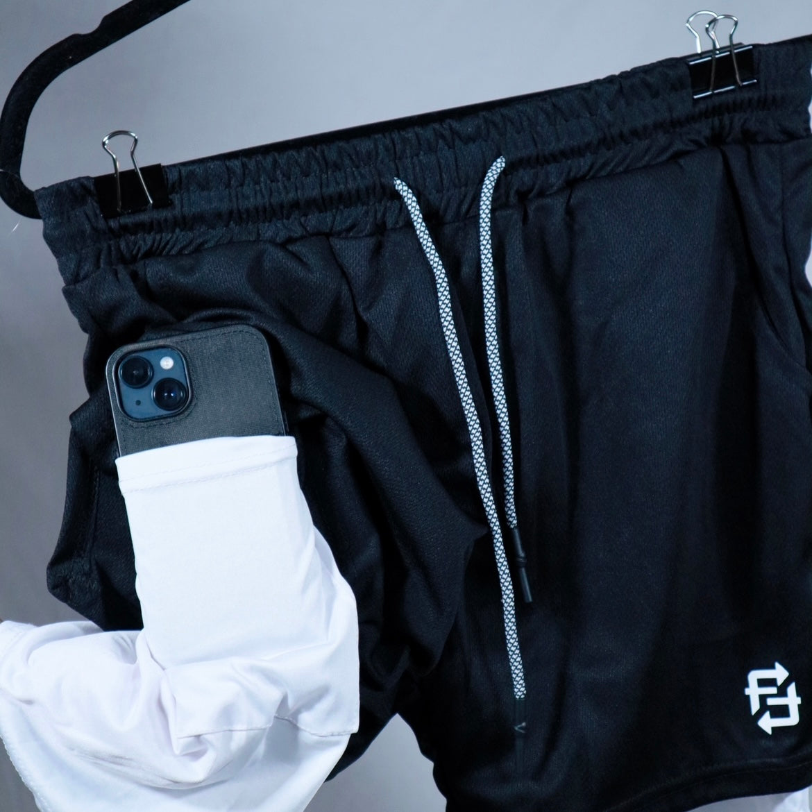 2 in 1 FWF classic compression gym shorts black on white