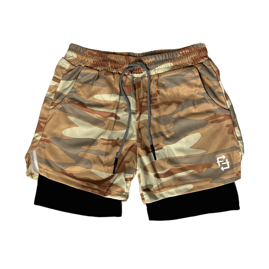 Beige on black camo FWF 2 in 1 compression shorts (classic)