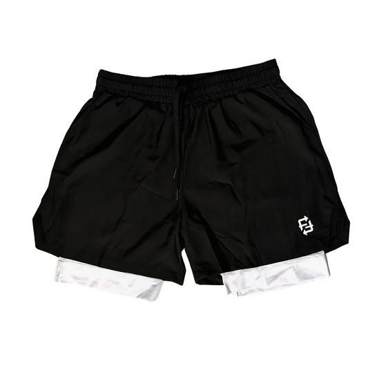 2 in 1 FWF classic compression gym shorts black on white