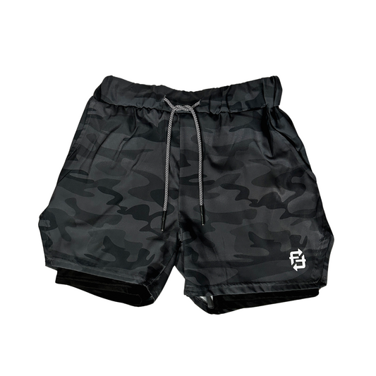 Black camo on black FWF premium 2 in 1 compression shorts