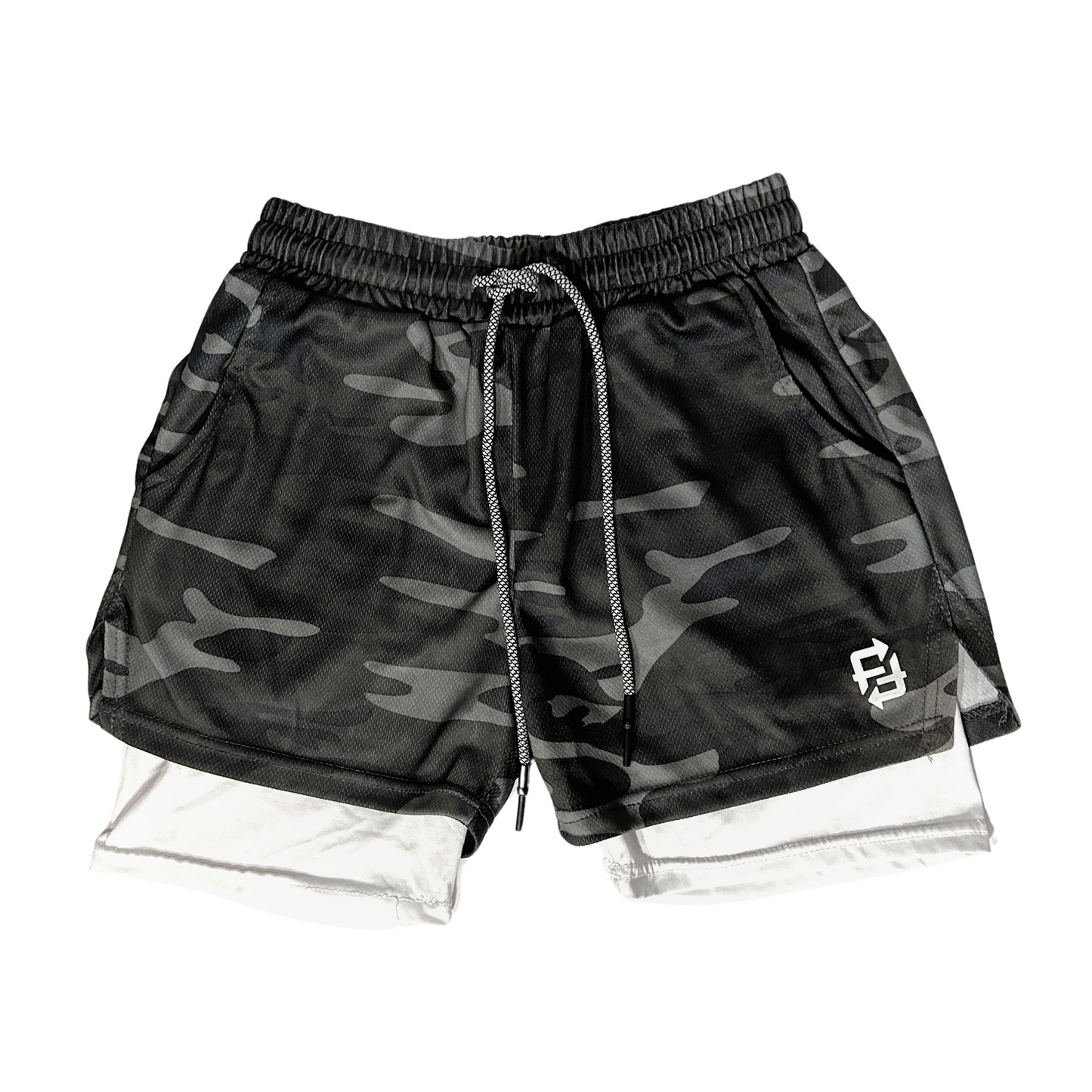 Dark Camo FWF 2 in 1 white compression shorts (classic)