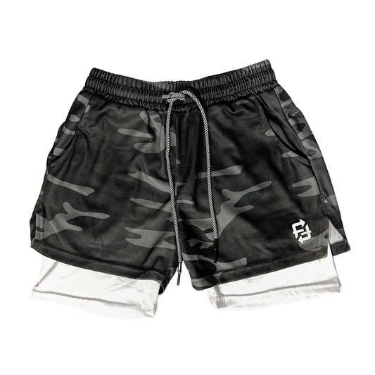 Dark Camo FWF 2 in 1 white compression shorts (classic)